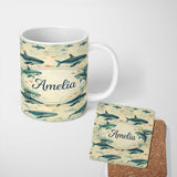 Personalized Custom Name Beige Ocean Whale Seamless Pattern Soft Marine Animal Illustration 11oz Ceramic Coffee Tea Mug White Large Handle