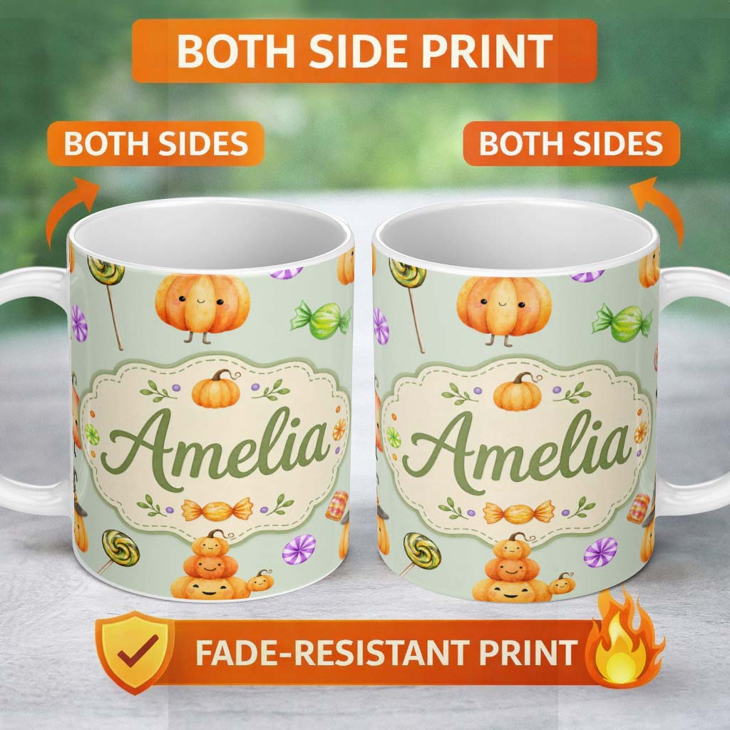 Personalized Custom Name Cute Halloween Pumpkin Candy Characters Sage Background Seamless 11oz Ceramic Coffee Tea Mug White Large Handle