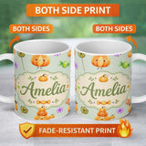 Personalized Custom Name Cute Halloween Pumpkin Candy Characters Sage Background Seamless 11oz Ceramic Coffee Tea Mug White Large Handle