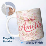 Personalized Custom Name Elegant Gold Snowflake Pink Winter Festive Seamless Pattern Lovely 11oz Ceramic Coffee Tea Mug White Large Handle