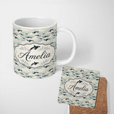 Personalized Custom Name Orca Whale Seaweed Seamless Pattern Coastal Marine Botanical Design 11oz Ceramic Coffee Tea Mug White Large Handle