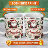 Personalized Custom Name Cute Santa Character Gifts Snowflakes Seamless Pattern Lovely 11oz Ceramic Coffee Tea Mug White Large Handle
