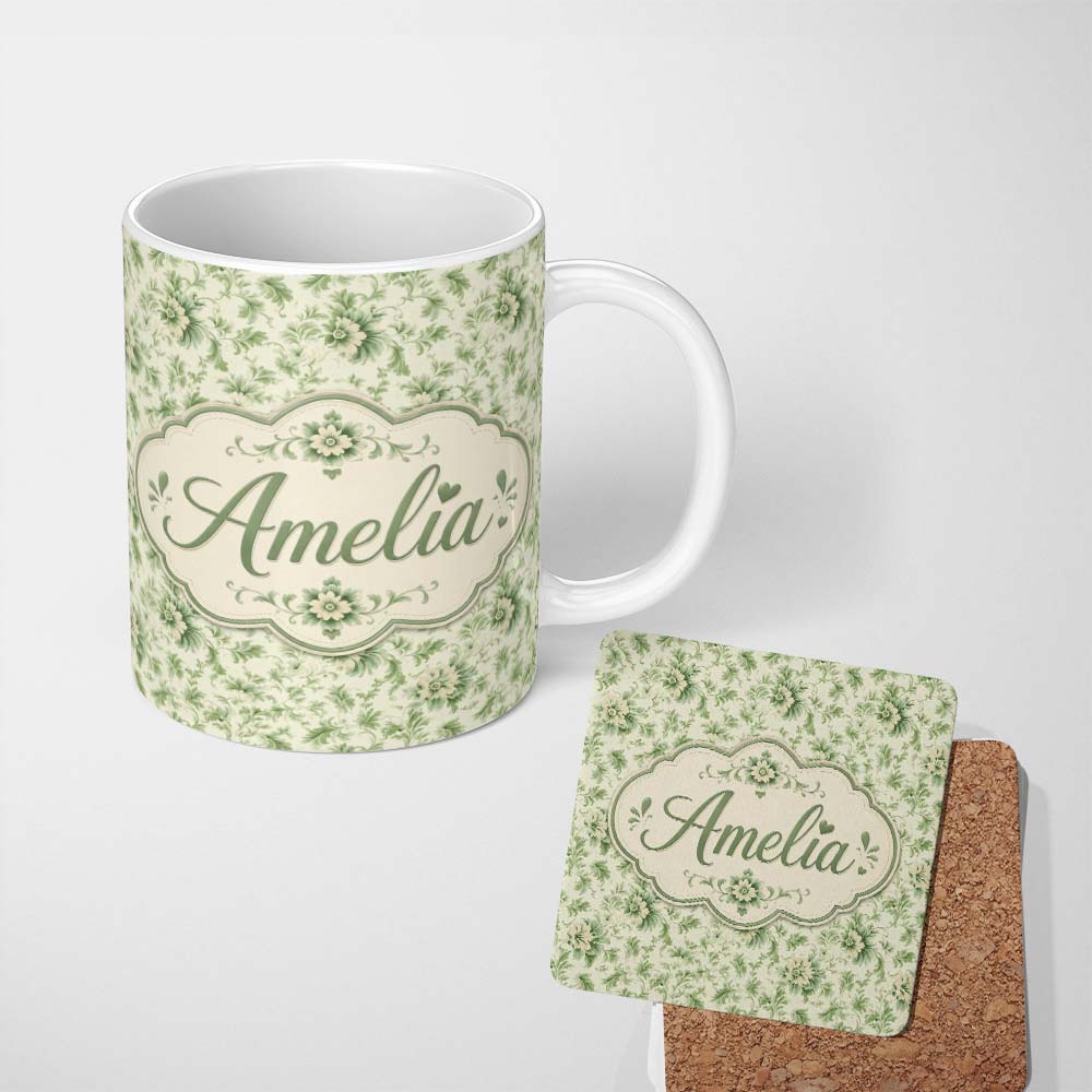 Personalized Custom Name Classic Green Floral Damask Seamless Pattern Vintage Botanical Style 11oz Ceramic Coffee Tea Mug White Large Handle
