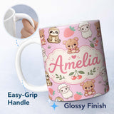Personalized Custom Name Cute Baby Animals Bear Sheep Sloth Strawberry Cherry Pink Background 11oz Ceramic Coffee Tea Mug White Large Handle