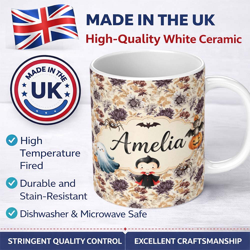 Personalized Custom Name Vintage Floral Chrysanthemum Flowers on Cream Background Seamless 11oz Ceramic Coffee Tea Mug White Large Handle