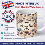 Personalized Custom Name Vintage Floral Chrysanthemum Flowers on Cream Background Seamless 11oz Ceramic Coffee Tea Mug White Large Handle