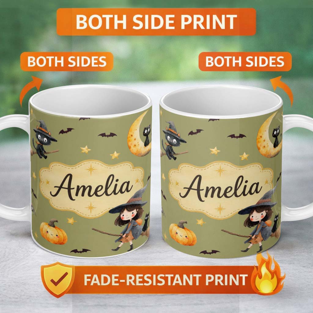 Personalized Custom Name Halloween Witch Girl Flying with Cat, Bats, Stars Olive Green Lovely 11oz Ceramic Coffee Tea Mug White Large Handle