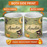 Personalized Custom Name Halloween Witch Girl Flying with Cat, Bats, Stars Olive Green Lovely 11oz Ceramic Coffee Tea Mug White Large Handle