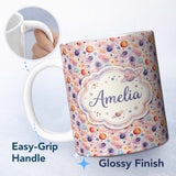 Personalized Custom Name Watercolor Planets Dots Space Seamless Pattern Light Cosmic Lovely 11oz Ceramic Coffee Tea Mug White Large Handle