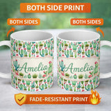 Personalized Custom Name Fresh Green Cactus with Pink Flowers Watercolor Seamless Pattern 11oz Ceramic Coffee Tea Mug White Large Handle