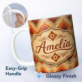 Personalized Custom Name Southwestern Ikat Diamond Pattern in Warm Earth Tones Lovely 11oz Ceramic Coffee Tea Mug White Large Handle