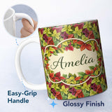 Personalized Custom Name Purple Green Botanical Leaves Watercolor Seamless Pattern Lovely 11oz Ceramic Coffee Tea Mug White Large Handle