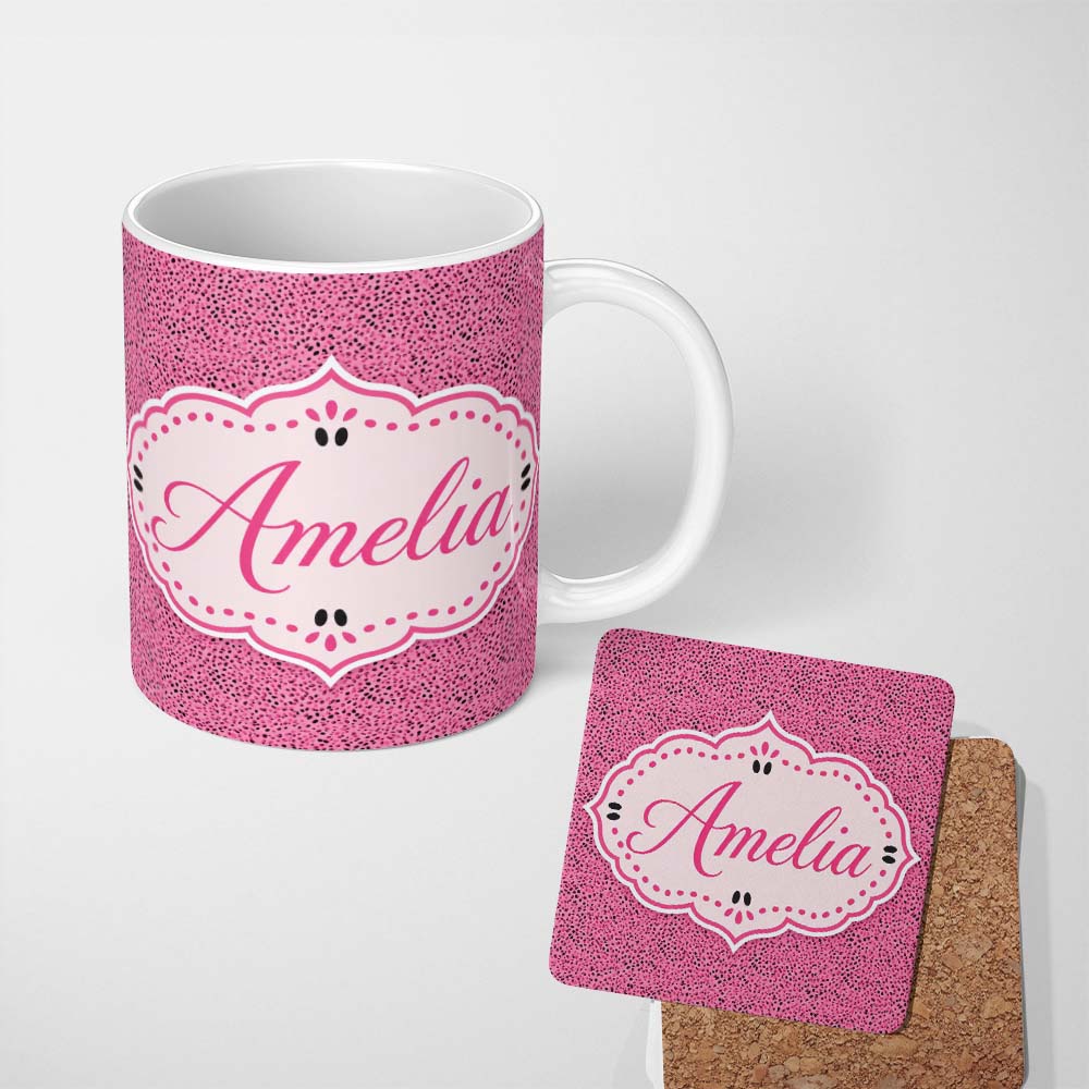 Personalized Custom Name Pink and Black Micro Speckled Dot Abstract Seamless Pattern Lovely 11oz Ceramic Coffee Tea Mug White Large Handle