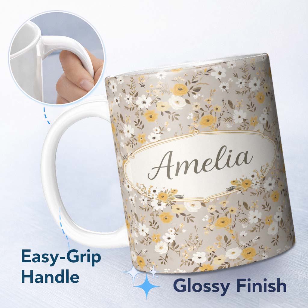 Personalized Custom Name Yellow White Floral Meadow on Beige Seamless Pattern Lovely 11oz Ceramic Coffee Tea Mug White Large Handle