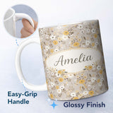 Personalized Custom Name Yellow White Floral Meadow on Beige Seamless Pattern Lovely 11oz Ceramic Coffee Tea Mug White Large Handle