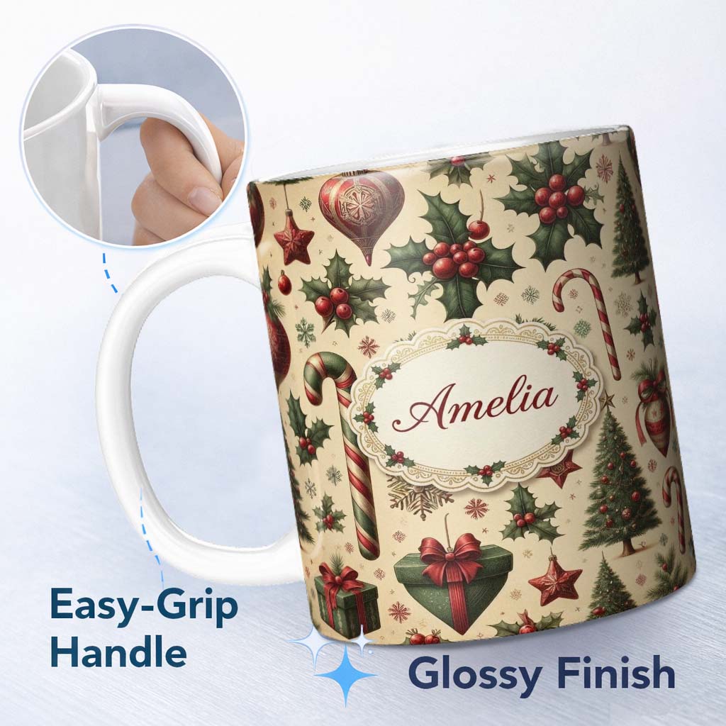 Personalized Custom Name Vintage Christmas Ornaments Candy Canes Holly Berries and Festive 11oz Ceramic Coffee Tea Mug White Large Handle