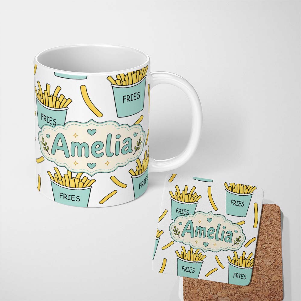 Personalized Custom Name Cute French Fries Cartoon Snack Seamless Pattern Teal Cups Grey 11oz Ceramic Coffee Tea Mug White Large Handle