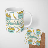 Personalized Custom Name Cute French Fries Cartoon Snack Seamless Pattern Teal Cups Grey 11oz Ceramic Coffee Tea Mug White Large Handle