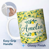 Personalized Custom Name Bright Yellow Lemon and Leaf Pattern with Modern Flat Illustration 11oz Ceramic Coffee Tea Mug White Large Handle