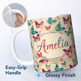 Personalized Custom Name Artistic Multicolor Butterflies with Paint Splash Background Lovely 11oz Ceramic Coffee Tea Mug White Large Handle