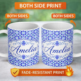 Personalized Custom Name Blue Kaleidoscope Floral Tile Seamless Pattern Symmetrical Geometric 11oz Ceramic Coffee Tea Mug White Large Handle