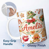 Personalized Custom Name Cute Gingerbread Man Christmas Tree Candy Cane Holiday Pattern Grey 11oz Ceramic Coffee Tea Mug White Large Handle