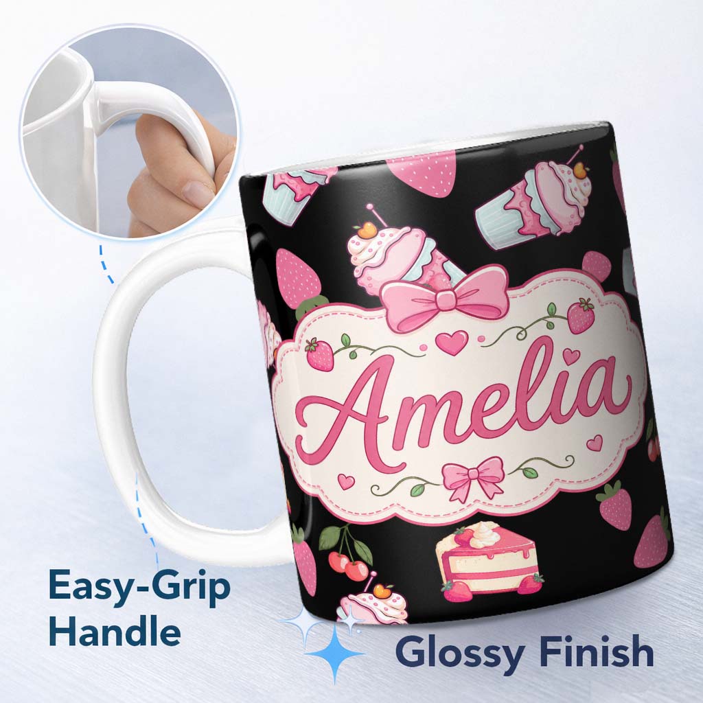 Personalized Custom Name Cute Strawberry Cupcakes and Dessert Drinks Kawaii Style Seamless 11oz Ceramic Coffee Tea Mug White Large Handle