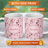 Personalized Custom Name Cute Love Couple Gifts Cakes Teddy Bear Pattern Soft Pink Background 11oz Ceramic Coffee Tea Mug White Large Handle