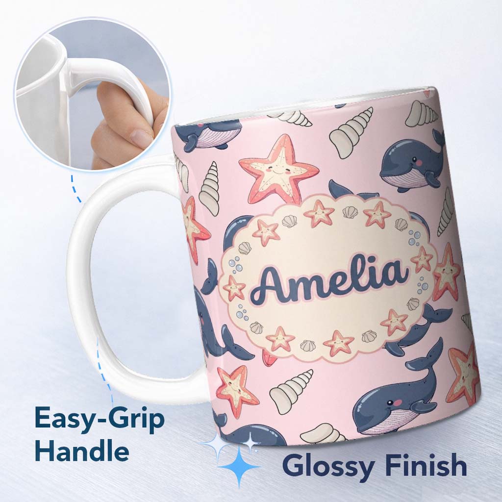Personalized Custom Name Cute Kawaii Whale Starfish Seashell Ocean Animals Pink Background 11oz Ceramic Coffee Tea Mug White Large Handle