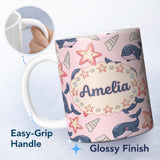 Personalized Custom Name Cute Kawaii Whale Starfish Seashell Ocean Animals Pink Background 11oz Ceramic Coffee Tea Mug White Large Handle