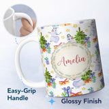Personalized Custom Name Cute Watercolor Snowman Christmas Tree Gifts Stars Seamless Pattern 11oz Ceramic Coffee Tea Mug White Large Handle