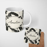 Personalized Custom Name Bold Expressionist Brush Strokes Black Cream Artistic Abstract 11oz Ceramic Coffee Tea Mug White Large Handle