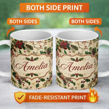 Personalized Custom Name Classic Christmas Floral Holly Berries Pine Leaves Vintage Seamless 11oz Ceramic Coffee Tea Mug White Large Handle