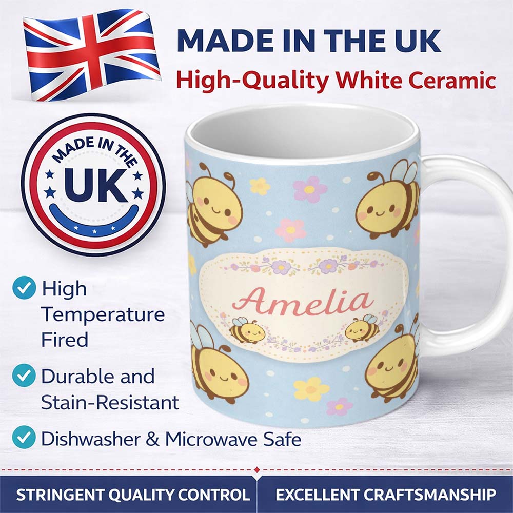 Personalized Custom Name Cute Bee Flower Cartoon Animal Pattern Stylish Everyday Mug Lovely 11oz Ceramic Coffee Tea Mug White Large Handle