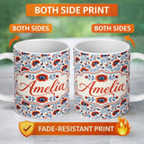 Personalized Custom Name Red and Blue Poppy Floral Pattern Elegant Botanical Seamless Design 11oz Ceramic Coffee Tea Mug White Large Handle