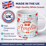 Personalized Custom Name Cute Cherry Fruit with Bow and Sprinkles Pattern Blue Gingham Check 11oz Ceramic Coffee Tea Mug White Large Handle