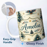 Personalized Custom Name Watercolor Snowy Christmas Trees with Golden Snowflakes Seamless 11oz Ceramic Coffee Tea Mug White Large Handle