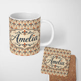 Personalized Custom Name Vintage Red and Navy Ornate Fleur de Lis Floral Pattern on Beige 11oz Ceramic Coffee Tea Mug White Large Handle