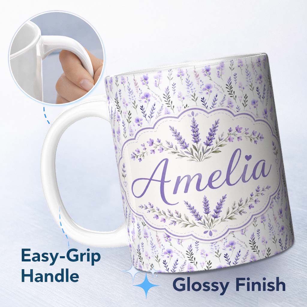 Personalized Custom Name Soft Watercolour Lavender Flowers and Foliage Seamless Design Lovely 11oz Ceramic Coffee Tea Mug White Large Handle