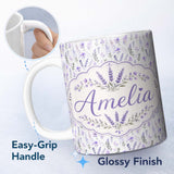 Personalized Custom Name Soft Watercolour Lavender Flowers and Foliage Seamless Design Lovely 11oz Ceramic Coffee Tea Mug White Large Handle