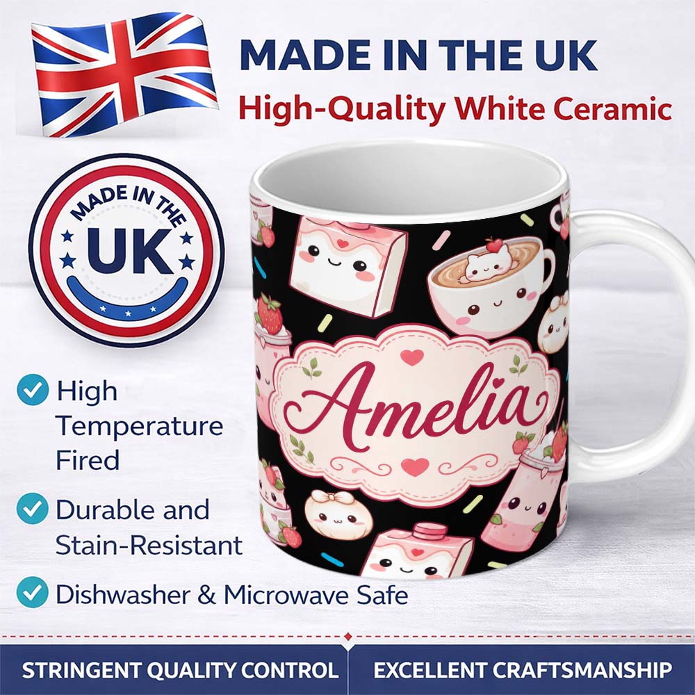 Personalized Custom Name Cute Kawaii Cute Drinks And Dessert Characters Seamless Pattern 11oz Ceramic Coffee Tea Mug White Large Handle