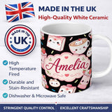Personalized Custom Name Cute Kawaii Cute Drinks And Dessert Characters Seamless Pattern 11oz Ceramic Coffee Tea Mug White Large Handle