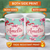 Personalized Custom Name Watercolor Ribbon Bow Seamless Pattern on Teal Background Lovely 11oz Ceramic Coffee Tea Mug White Large Handle