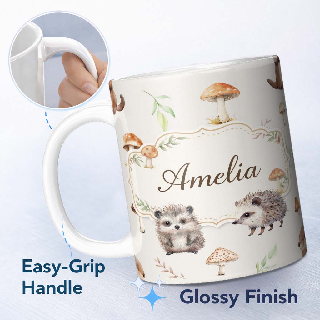 Personalized Custom Name Cute Woodland Hedgehog Mushrooms Leaves Seamless Soft Grey 11oz Ceramic Coffee Tea Mug White Large Handle