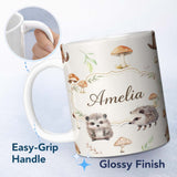 Personalized Custom Name Cute Woodland Hedgehog Mushrooms Leaves Seamless Soft Grey 11oz Ceramic Coffee Tea Mug White Large Handle