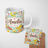 Personalized Custom Name Cute Kawaii Breakfast Food Seamless Pattern Teal Gingham Background 11oz Ceramic Coffee Tea Mug White Large Handle