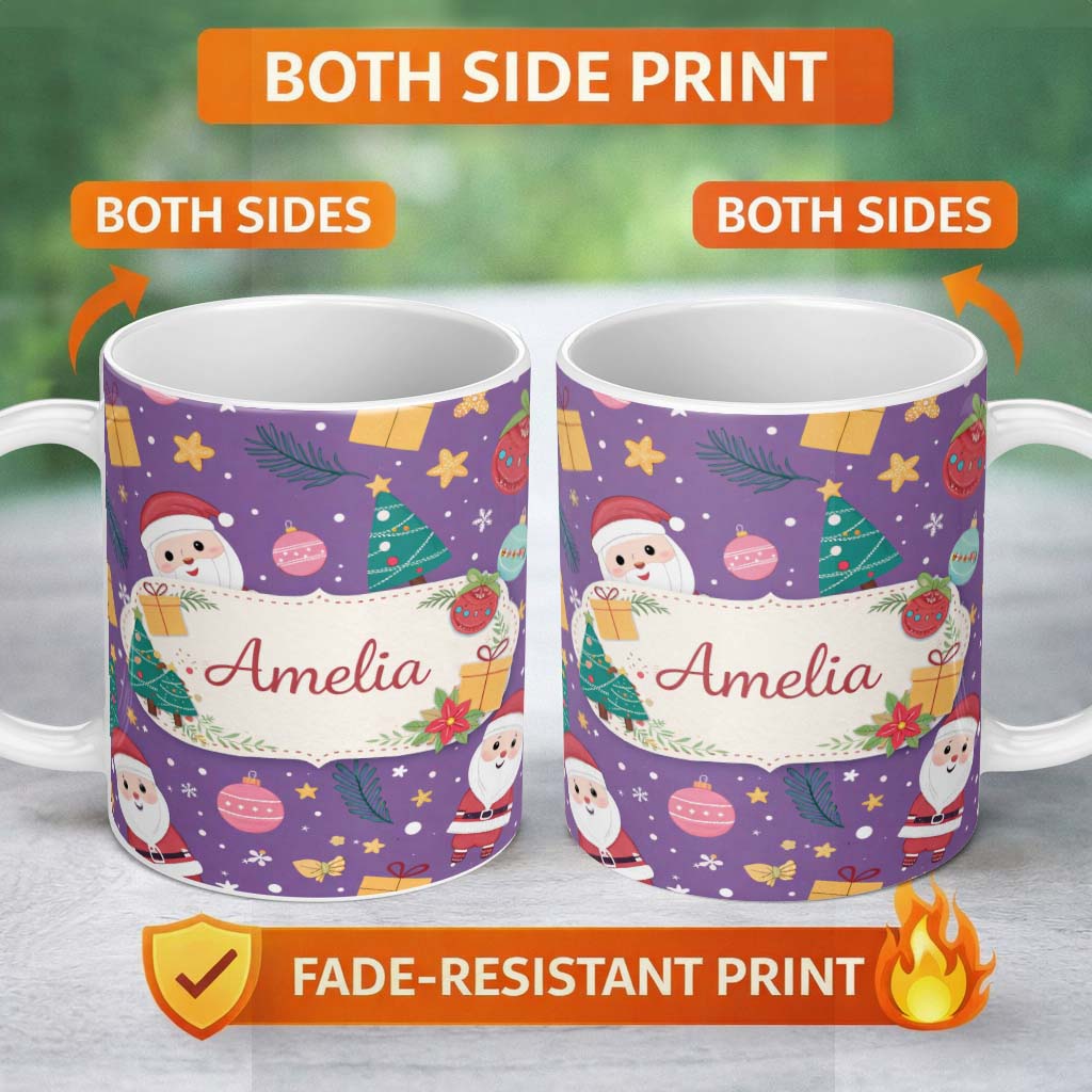 Personalized Custom Name Cute Christmas Santa Tree Gift Cartoon Seamless Pattern Lovely 11oz Ceramic Coffee Tea Mug White Large Handle