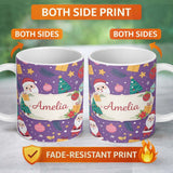 Personalized Custom Name Cute Christmas Santa Tree Gift Cartoon Seamless Pattern Lovely 11oz Ceramic Coffee Tea Mug White Large Handle