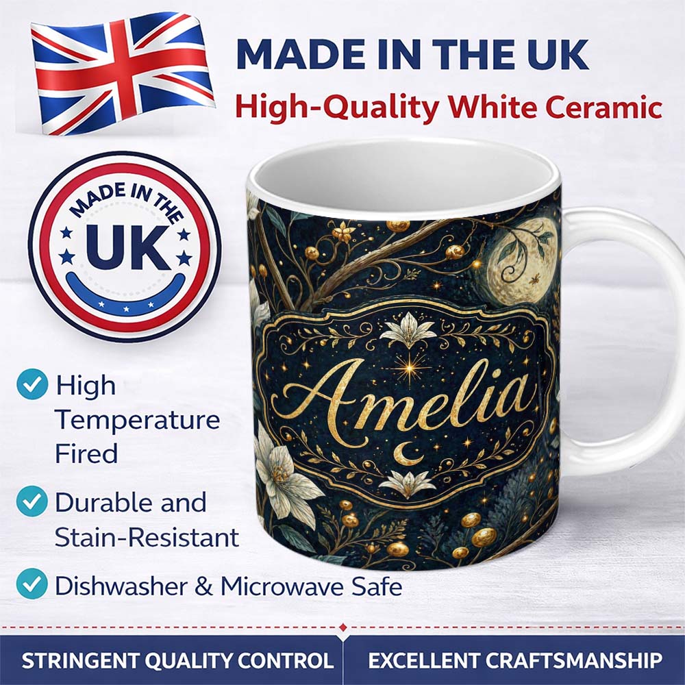 Personalized Custom Name Golden Celestial Floral Spiral Stars Night Seamless Pattern Lovely 11oz Ceramic Coffee Tea Mug White Large Handle
