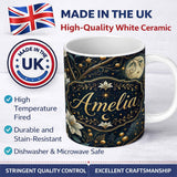 Personalized Custom Name Golden Celestial Floral Spiral Stars Night Seamless Pattern Lovely 11oz Ceramic Coffee Tea Mug White Large Handle